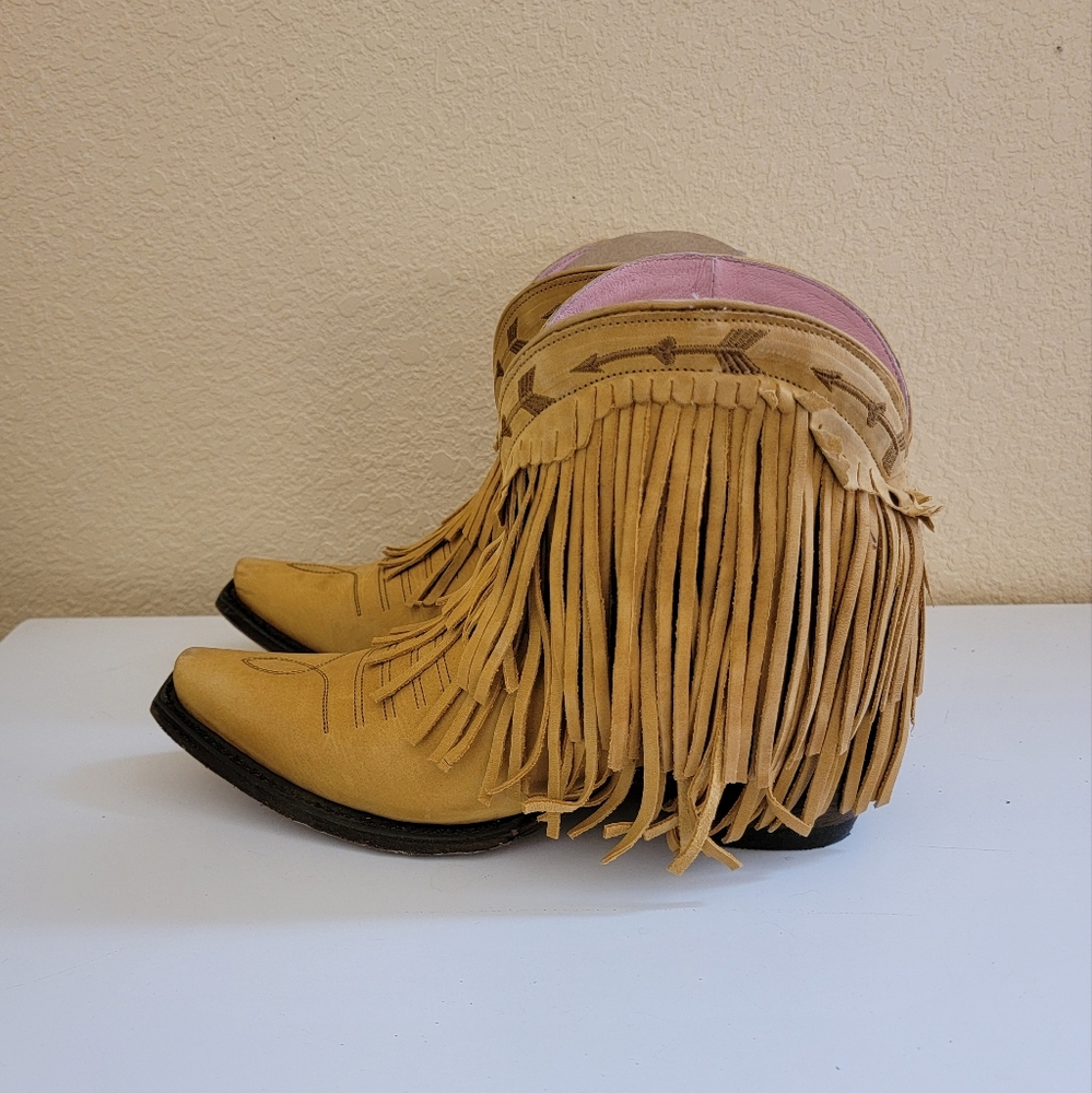 Junk Gypsy by Lane Spitfire Mustard Fringe Leather Western Ankle Boots size 7 - Picture 5 of 11